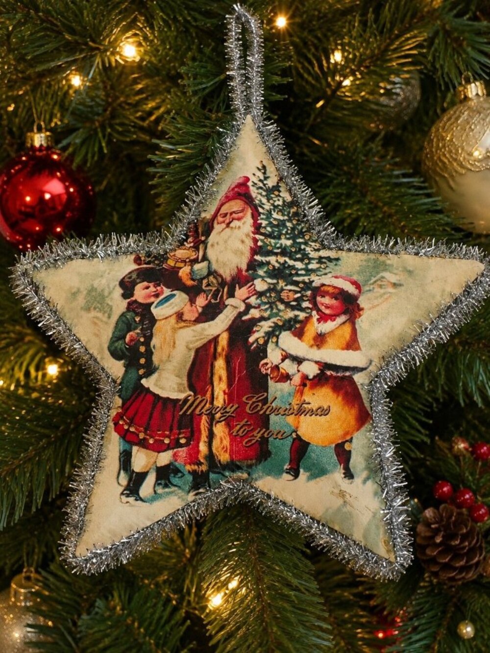 Vintage Style Santa Children Christmas Star Ornament Double Sided Tinsel 6"